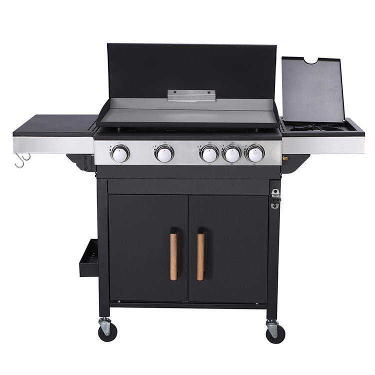 4 Burner Portable Gas BBQ Plancha Grill na may Side Burner at Trolley